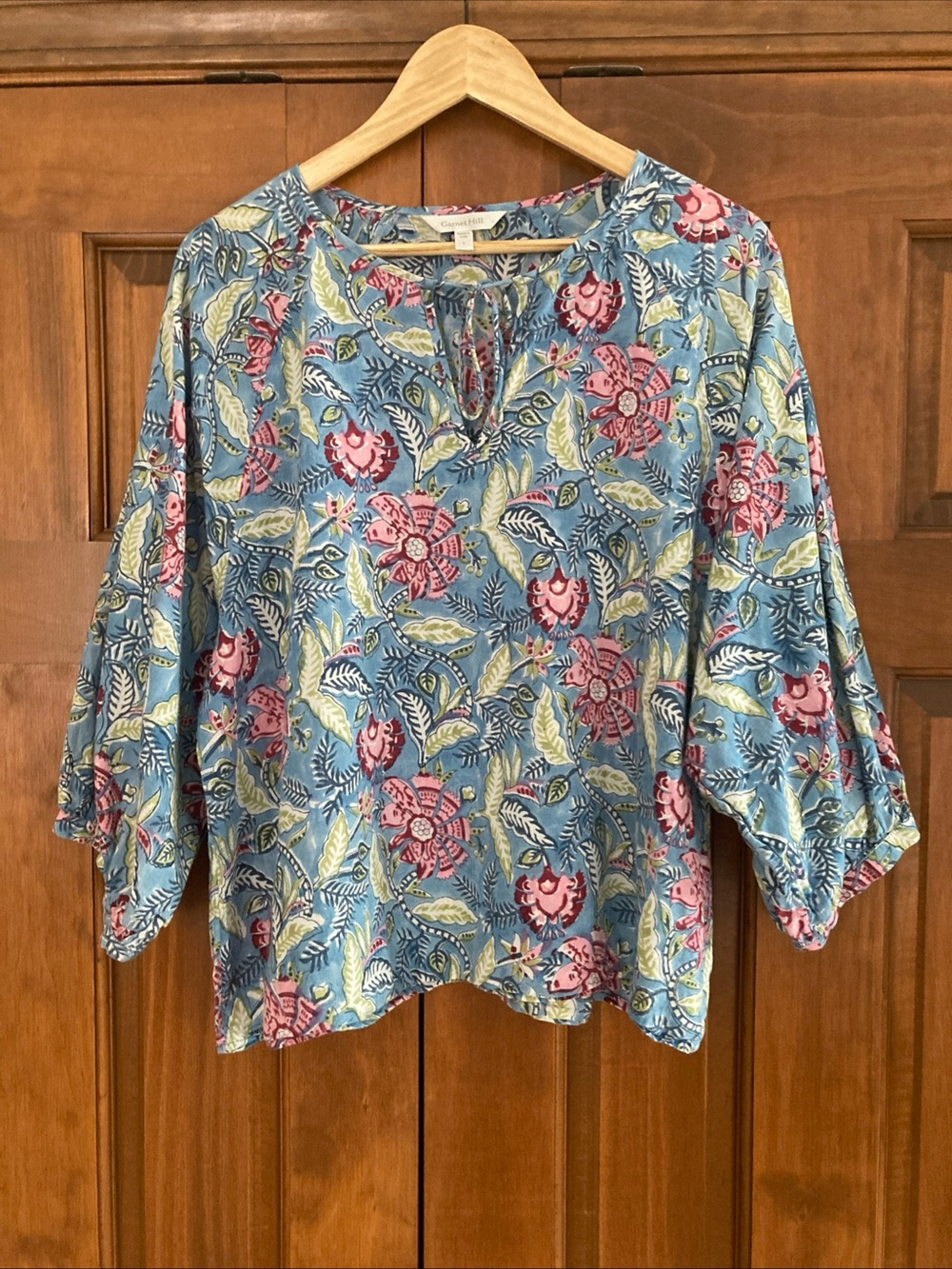 Garnet Hill organic cotton Blue Floral Tie-Front Peasant Blouse women’s large